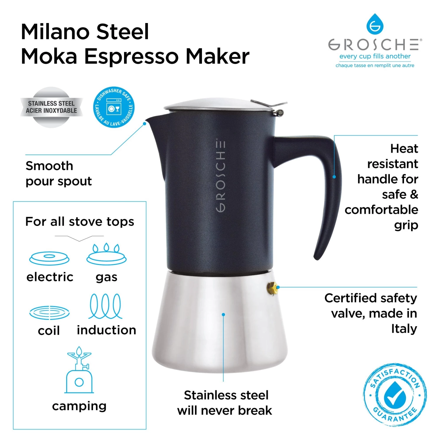 Tea Grosche Milano Stovetop Espresso Maker - Steel Black 6 Tea Grosche Milano Stovetop Espresso Maker - Steel Black
