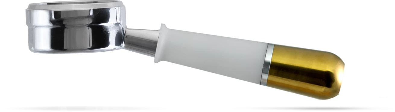 Tea Pesado Bottomless (Naked) Portafilter For La Marzocco And E61 Group - White/Gold 3 Tea Pesado Bottomless (Naked) Portafilter For La Marzocco And E61 Group - White/Gold