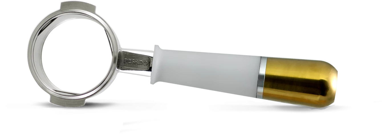 Tea Pesado Bottomless (Naked) Portafilter For La Marzocco And E61 Group - White/Gold 4 Tea Pesado Bottomless (Naked) Portafilter For La Marzocco And E61 Group - White/Gold