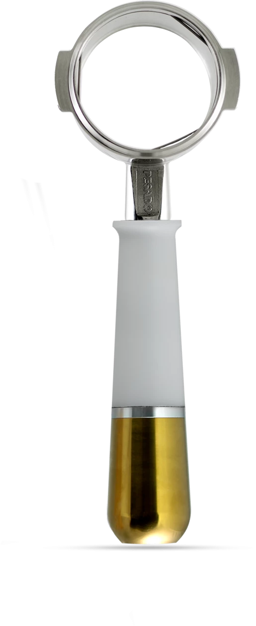 Tea Pesado Bottomless (Naked) Portafilter For La Marzocco And E61 Group - White/Gold 5 Tea Pesado Bottomless (Naked) Portafilter For La Marzocco And E61 Group - White/Gold